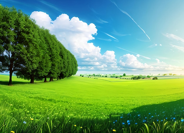 Paisaje natural panorámico con campo de hierba verde, cielo azul con nubes y montañas en el fondo