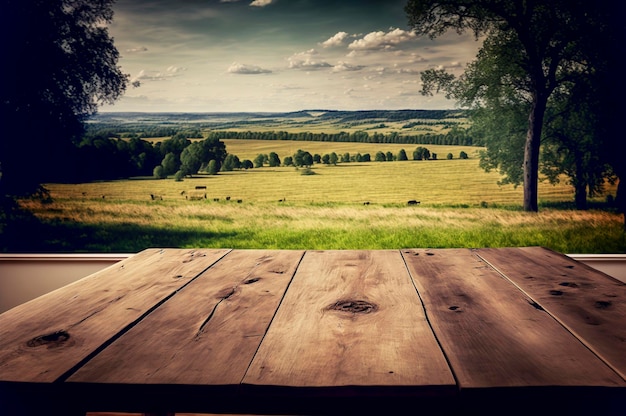 Paisaje natural Plataforma de madera en un lugar pintoresco Mesa de madera vieja frente a la naturaleza Plataforma de tablones con cielo azul de verano Lugar para exhibir productos en una mesa de madera ai generativo