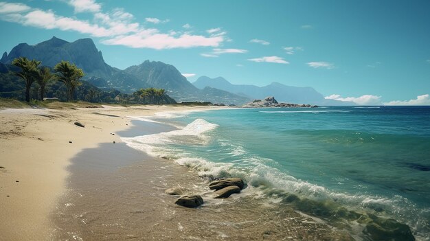 Paisaje natural de playa con agua dulce y colinas para vacaciones en verano