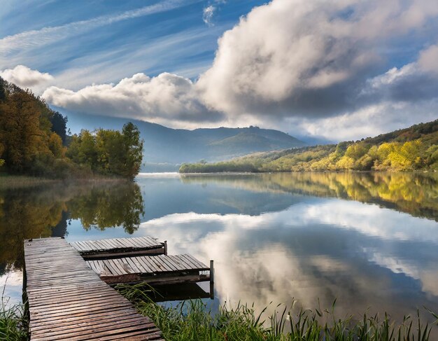 paisaje natural con reflejo del lago con nubes y muelle de barcos