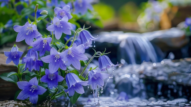 Un paisaje natural sereno con vibrantes campanarios púrpuras en primer plano y una cascada tranquila en el