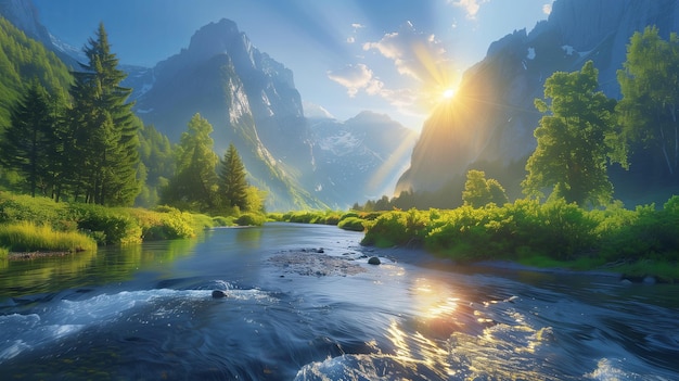 Paisaje natural sobre un arroyo que corre hacia el río con bosque y montaña lejos en un cielo azul claro