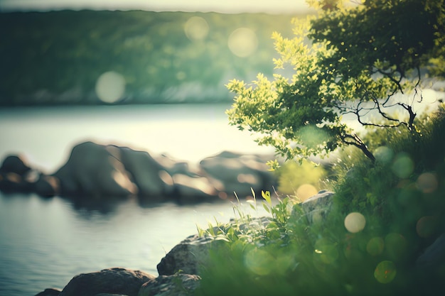 Un paisaje natural con un suave bokeh y un fondo borroso, plantas verdes y agua. IA generativa