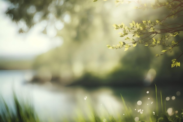 Un paisaje natural con un suave bokeh y un fondo borroso, plantas verdes y agua. IA generativa