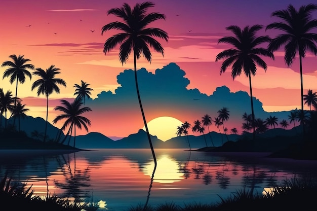 Paisaje natural tropical con palmeras al atardecer Fondo increíble paisaje tropical cielo oscuro Concepto de vacaciones de verano y vacaciones de viaje Fantástico amanecer para el diseño de vacaciones Copiar espacio de texto