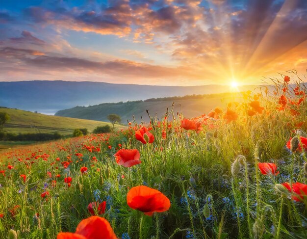 paisaje de la naturaleza amapolas rojas y hierba verde al amanecer