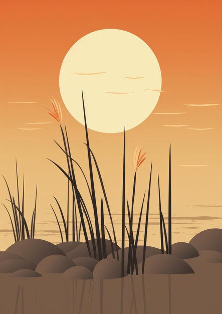 Paisaje de la naturaleza belleza del sol puesta de sol silueta de fondo planta hierba vector amanecer cielo de verano ilustración