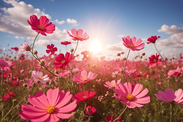 Paisaje naturaleza fondo de hermoso rosa y rojo cosmos campo de flores con sol