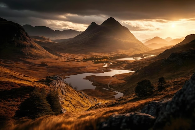 Paisaje de naturaleza pacífica del amanecer de la montaña por la mañana en verano