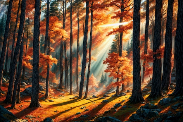 Paisaje de la naturaleza de la pintura del bosque Ilustraciones generativas de IA