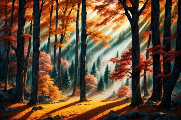 Paisaje de la naturaleza de la pintura del bosque Ilustraciones generativas de IA