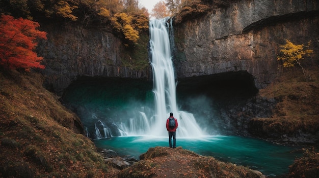 paisaje de la naturaleza tan bonito un hombre de tiro completo mirando a la cascada colorido