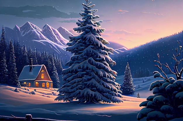 Paisaje navideño hermoso paisaje invernal con árboles de navidad y nieve.