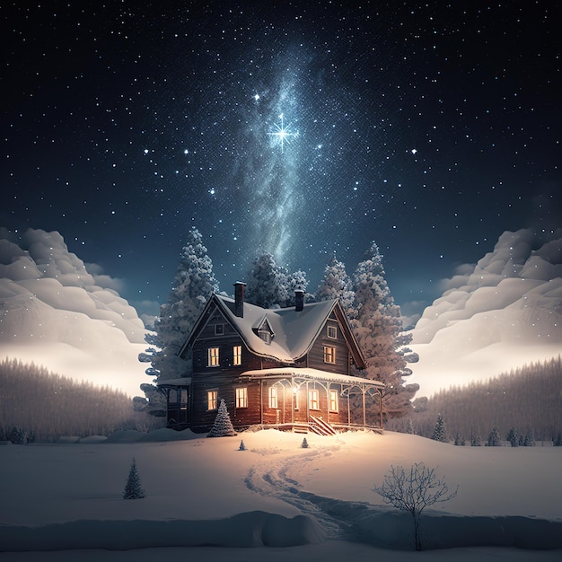 Paisaje navideño de invierno y hogar IA generativa Luces de hadas mágicas