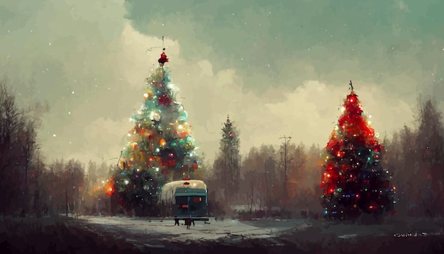 Paisaje navideño con nieve y árboles con luces ilustración de paisaje navideño