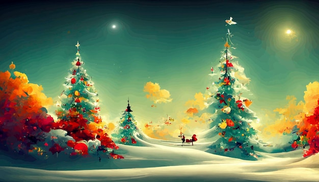 Paisaje navideño con nieve y árboles con luces ilustración de paisaje navideño