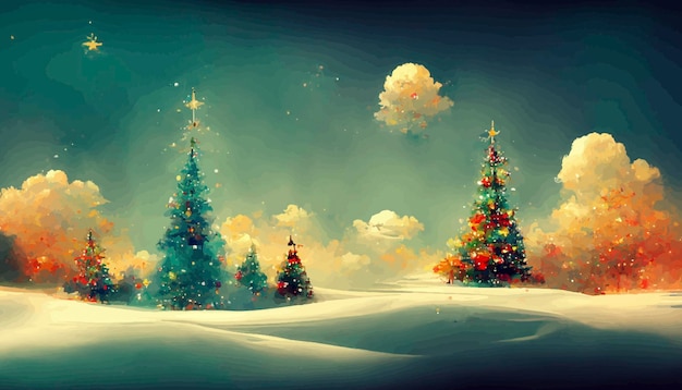 Paisaje navideño con nieve y árboles con luces ilustración de paisaje navideño