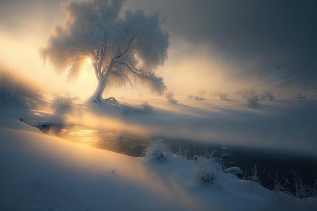 Paisaje neblinoso de invierno con árbol solitario y río Moody y atmosférico