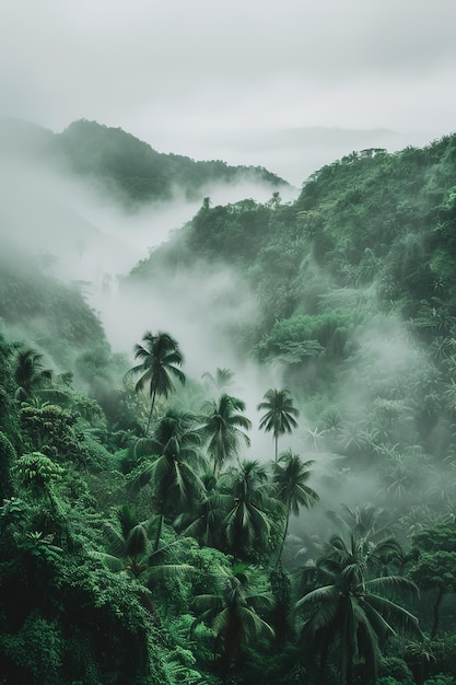 Paisaje nebuloso con un fondo de vegetación exuberante