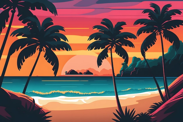 Paisaje de neón de onda sintética con palmeras y fondo de estilo retro al atardecer red neuronal ai