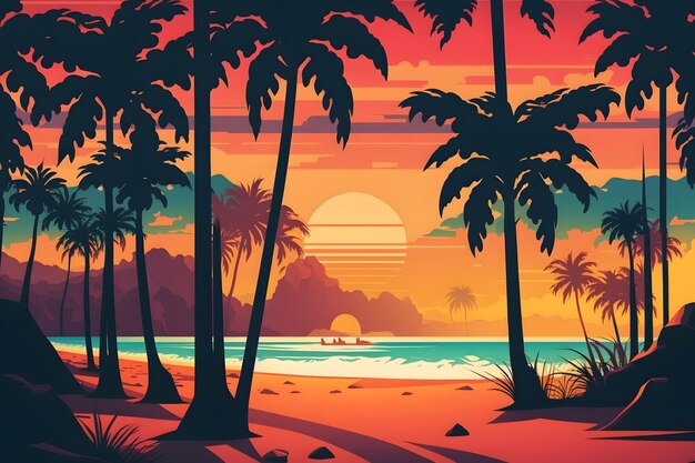 Paisaje de neón Synthwave con palmeras y puesta de sol Fondo de estilo retro Red neuronal IA generada