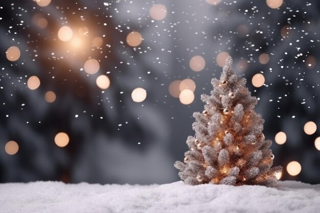 Paisaje nevado abstracto con luces de árbol de Navidad borrosas y espacio publicitario