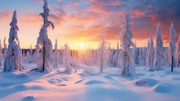 paisaje nevado al atardecer árboles congelados en invierno en Saariselka Laponia Finlandia