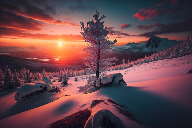 Un paisaje nevado con un árbol en primer plano y una puesta de sol al fondo.