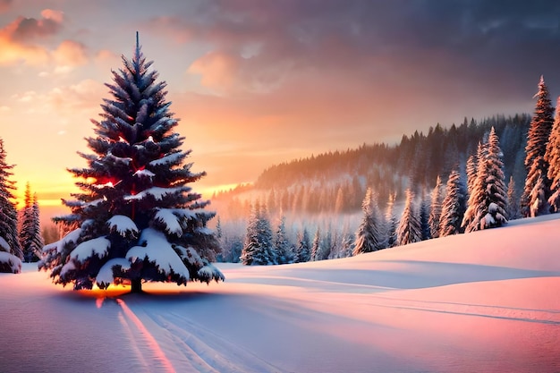 Un paisaje nevado con un árbol en primer plano