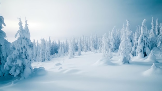 Un paisaje nevado con árboles cubiertos de nieve