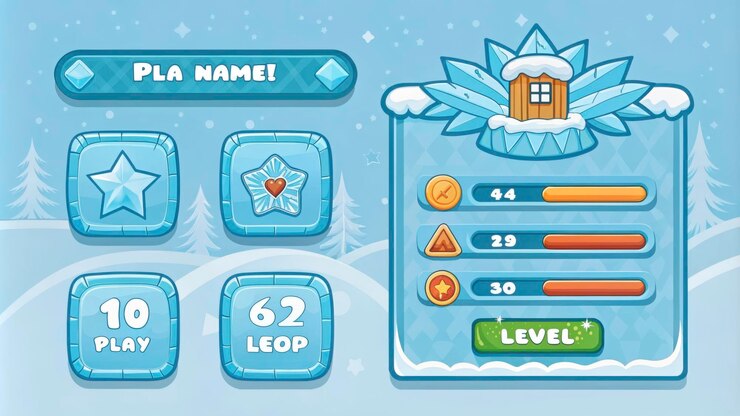 Foto paisaje nevado y barras de progreso en la interfaz del juego de invierno con íconos
