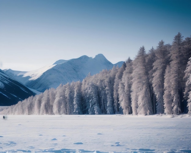 Un paisaje nevado con un campo nevado y árboles cubiertos de nieve.