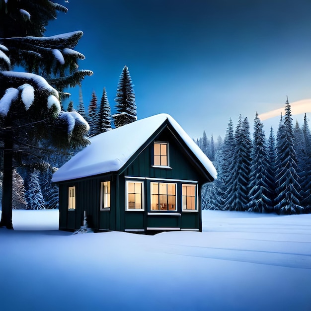 Un paisaje nevado con una casa y nieve en el suelo.