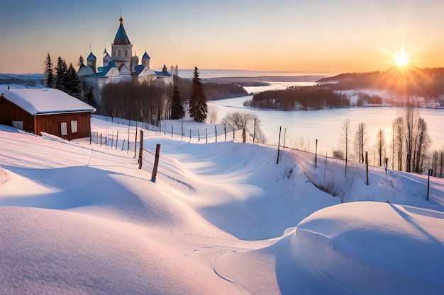 Un paisaje nevado con un castillo al fondo