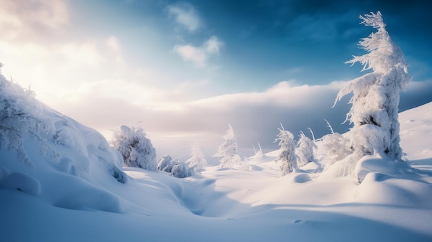 Un paisaje nevado con un cielo azul y nubes