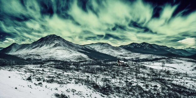 Un paisaje nevado con un cielo verde y la palabra aurora en el medio