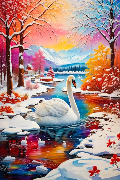 Un paisaje nevado con un cisne en el agua colorida con fondo de montaña