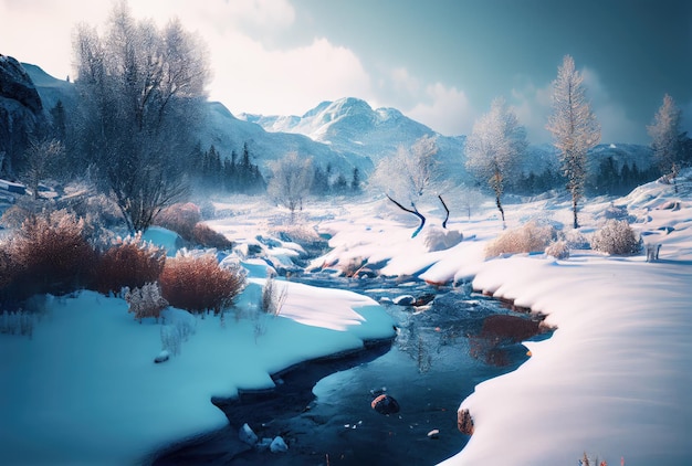 Paisaje nevado con fondo de escena de montaña de lago y pino Naturaleza y concepto de escena rural Ilustración de arte digital IA generativa