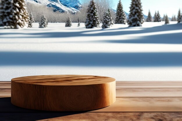 Paisaje nevado de invierno con mesa de madera en frente