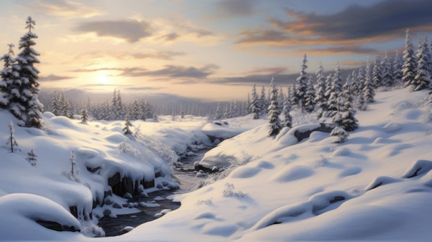 Paisaje nevado de invierno con un río