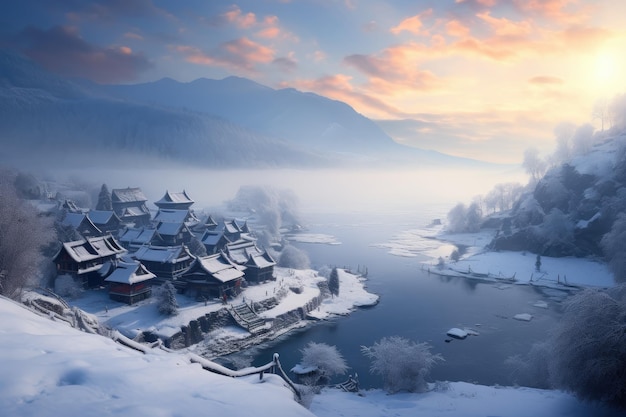 un paisaje nevado con un lago y casas