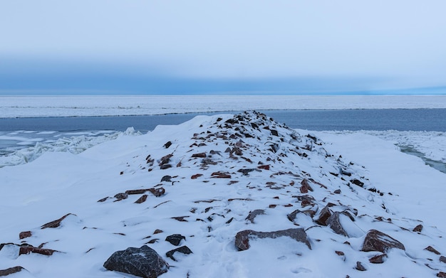 paisaje nevado con un mar de fondo