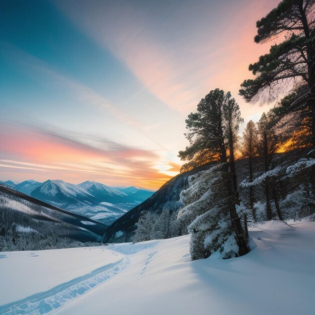 Un paisaje nevado con una montaña al fondo y un atardecer al fondo.