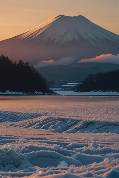 Foto un paisaje nevado con una montaña en el fondo