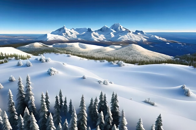 Un paisaje nevado con montañas al fondo