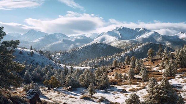 Un paisaje nevado con montañas al fondo