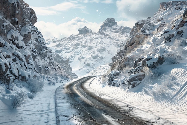 Paisaje nevado de un paso de montaña con un sinuoso