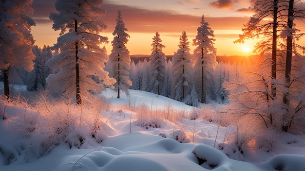 Paisaje nevado de puesta de sol de invierno