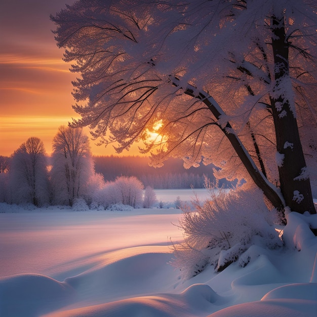 Paisaje nevado de puesta de sol de invierno