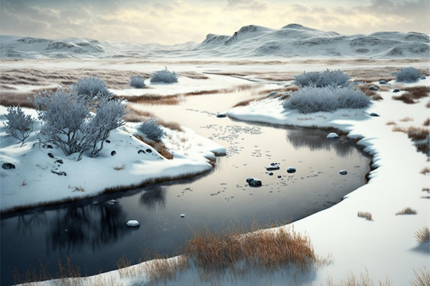 Un paisaje nevado con un río y montañas al fondo.